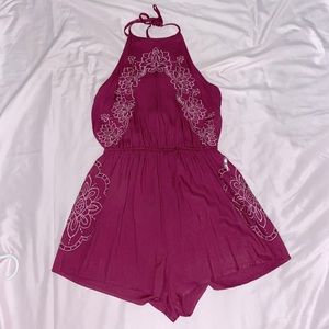 halter tied purple floral romper